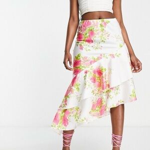 ASOS Pink and Green Floral Asymmetrical Skirt
